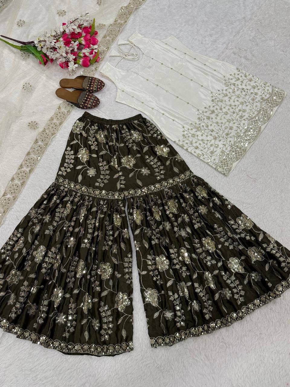 Modern Ivory & Dark Bronze Flared Silk Set